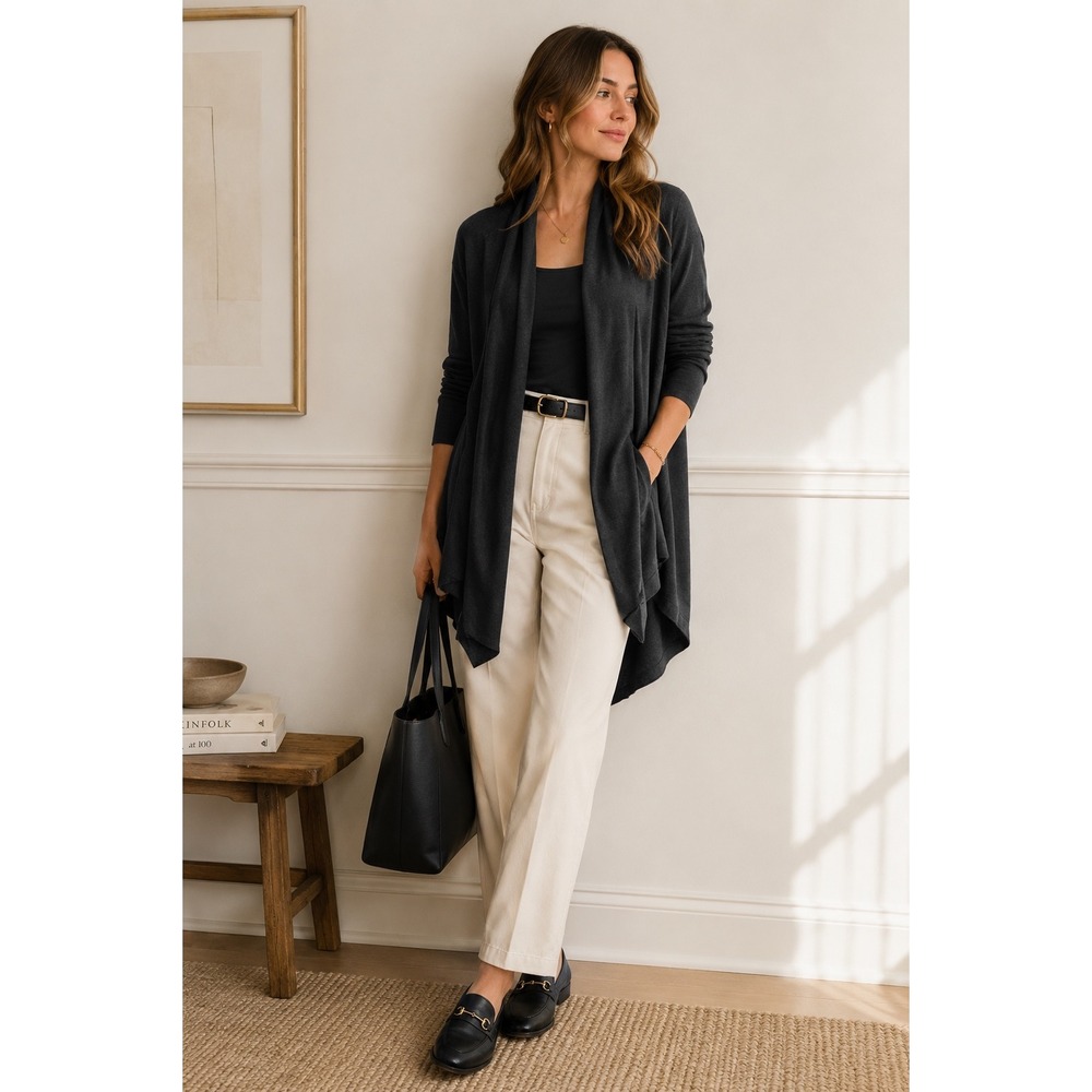 Core Knit Silk/Wool Cardigan Open Drapey Hem Duster Size XS, Quiet Luxury Black